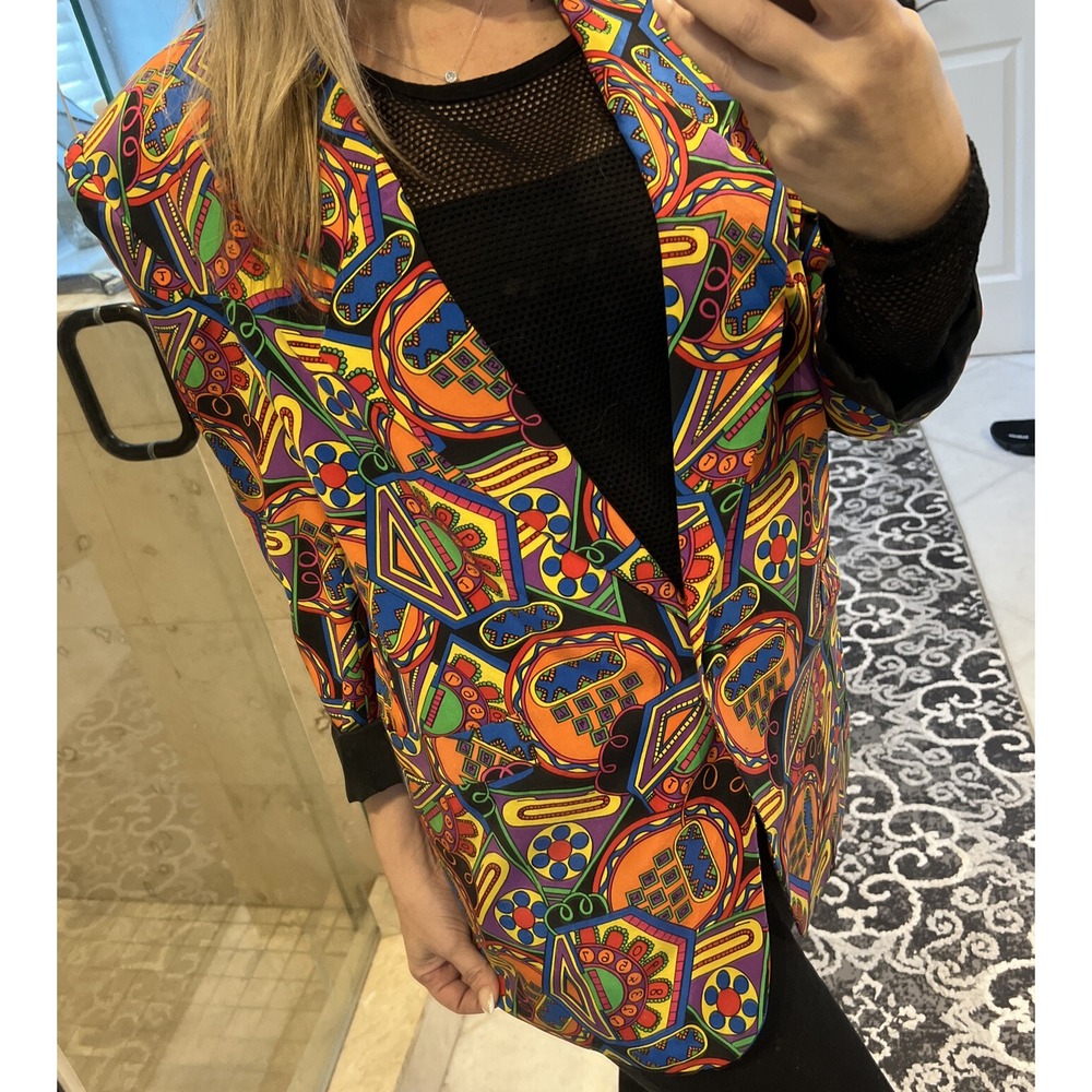 Vintage 90s Cedars 100% Silk Blazer Jacket Festive Clock Print Small Multicolor